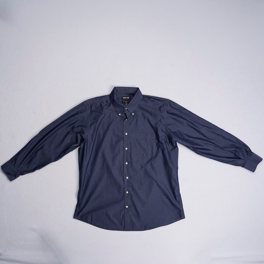 Kirkland Signature Non-Iron Dress Shirt Mens 17 34/35 XL Navy Button-Down Cotton